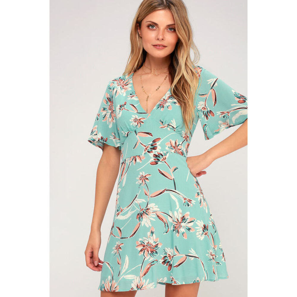 Lulus Floret Aqua Floral Print Short Sleeve Dress (40% Dd) Blue - Size Small